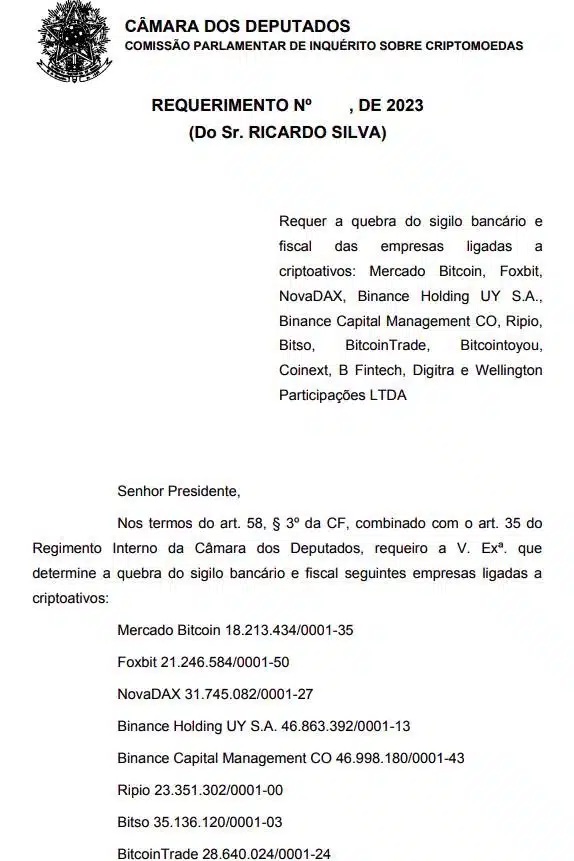 Documento da CPI pede quebra de sigilo bancário