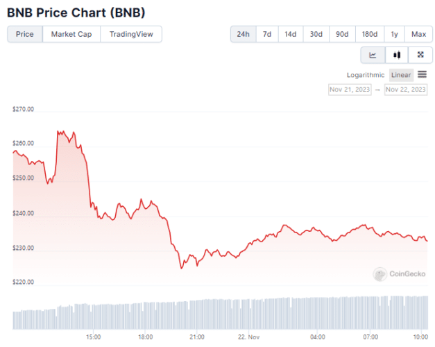 Gráfico de preço do BNB nas últimas 24 horas. Fonte: CoinGecko