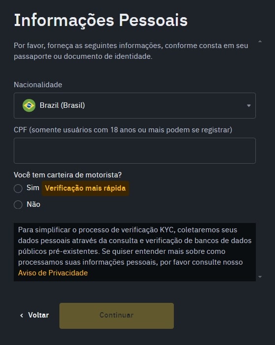 Informações Pessoais Binance