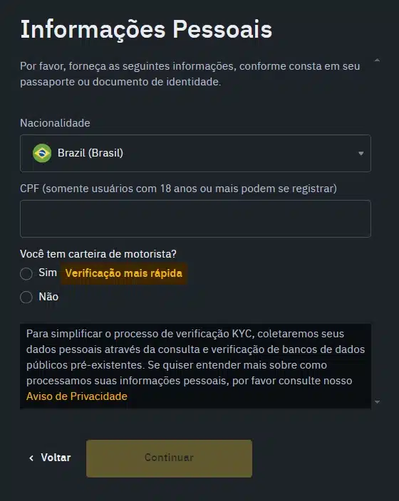 Informações Pessoais Binance