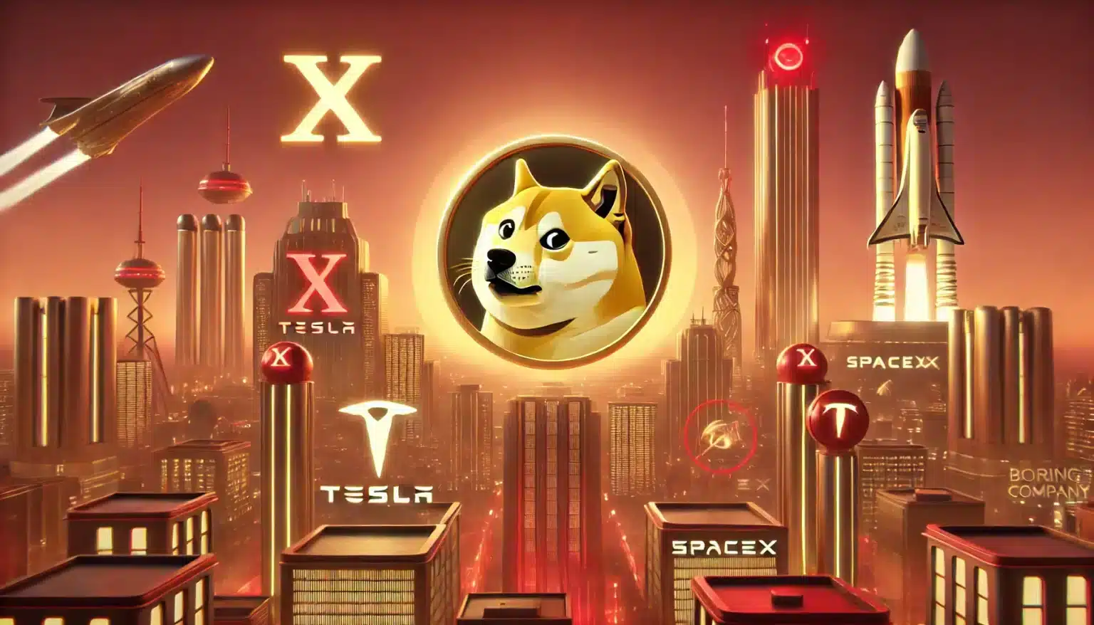 Faça uma imagem no melhor estilo 3d animado estilo pixar em tons vermelho suave, perfeitamente detalhado de Musk e Dogecoin: X, Tesla, SpaceX ou The Boring Company: Quem vai moldar o futuro da moeda?. Formato: Paisagem