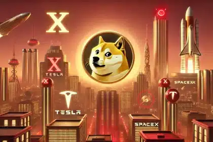 Faça uma imagem no melhor estilo 3d animado estilo pixar em tons vermelho suave, perfeitamente detalhado de Musk e Dogecoin: X, Tesla, SpaceX ou The Boring Company: Quem vai moldar o futuro da moeda?. Formato: Paisagem