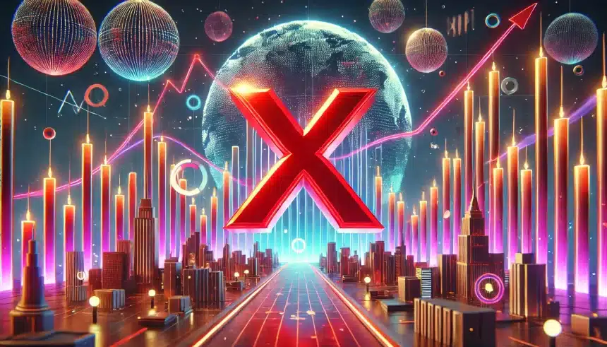 Faça uma imagem no melhor estilo 3d animado estilo pixar em tons vermelho suave, perfeitamente detalhado de XRP dispara e retoma níveis de 2018 com US$ 100 bilhões em valor de mercado. Formato: Paisagem
