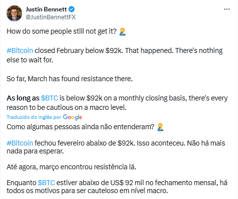 Bitcoin pode cair mais - Fonte: Justin Bennett/X