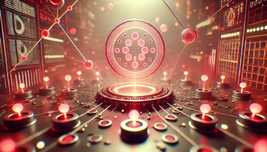 Faça uma imagem no melhor estilo 3d animado estilo pixar em tons vermelho suave, perfeitamente detalhado de Polkadot (DOT) pode gerar salto de 180%. Formato: Paisagem