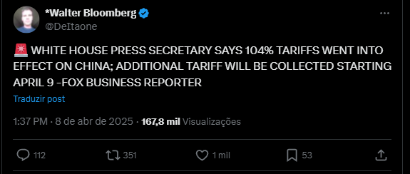 Imposto de 104% para China