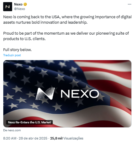 Nexo volta aos EUA - Fonte: Nexo/X