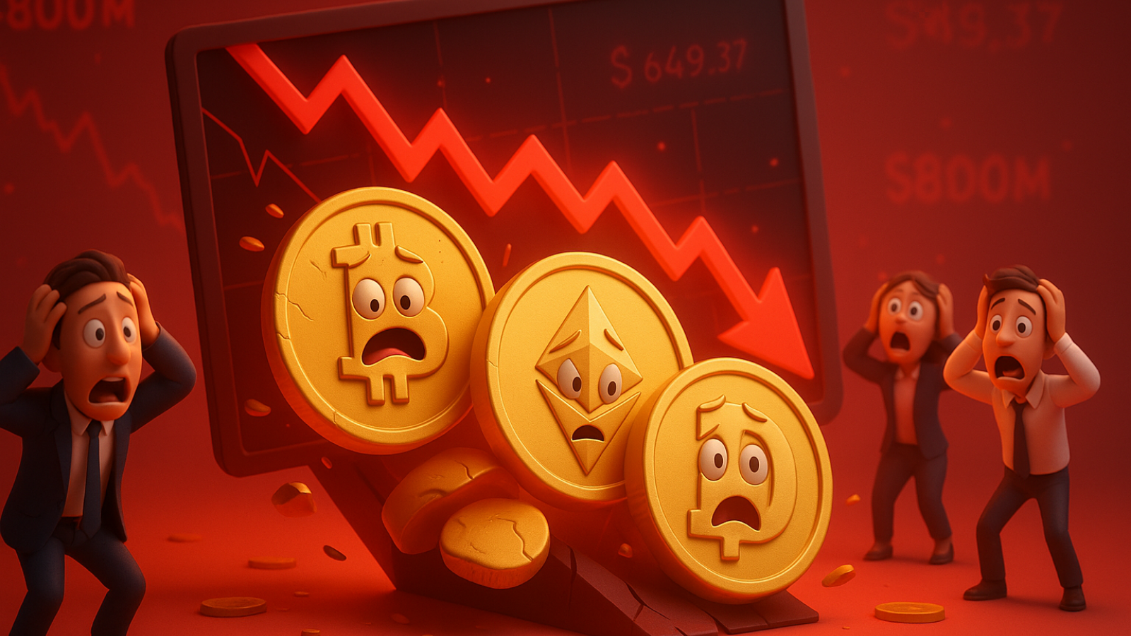 Liquidações de criptomoedas somam US$ 800 milhões com queda de Bitcoin, Dogecoin e Ethereum