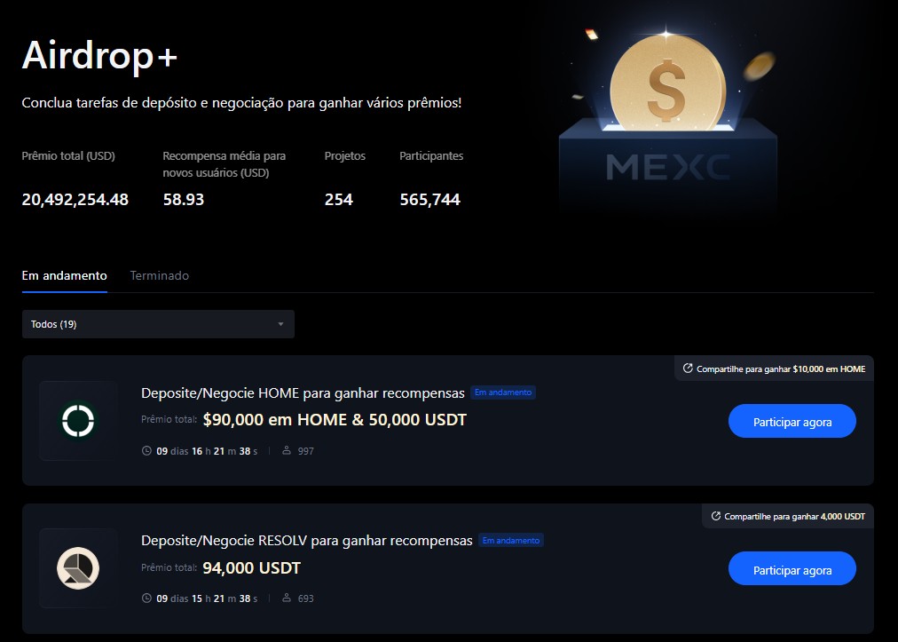 Página Airdrop+ na MEXC