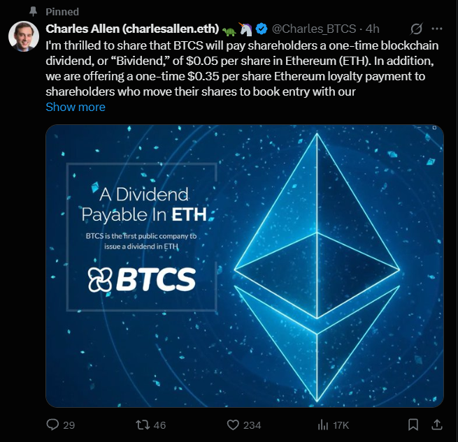 BTCS Faz história Primeira empresa pública a pagar dividendos em Ethereum