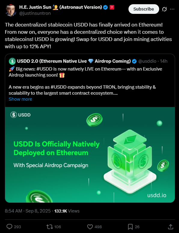 Justin Sun lança USDD na Ethereum com recompensas altas e desafia Tether