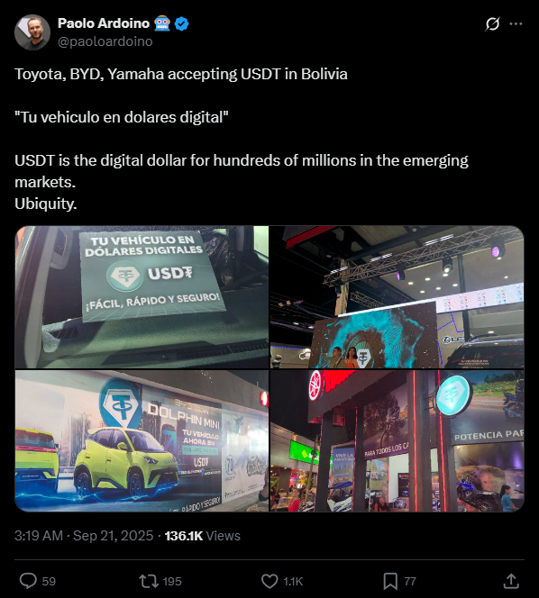 USDT no lugar do dólar: montadoras e importadores bolivianos adotam stablecoins