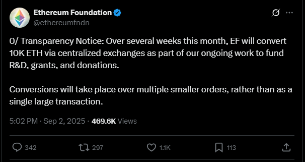 Ethereum Foundation vai vender 10.000 ETH e acende alerta no mercado