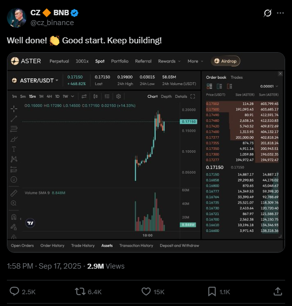 De zero a US$ 2 bi em um dia: o enigma da Aster e a possível volta de CZ ao jogo