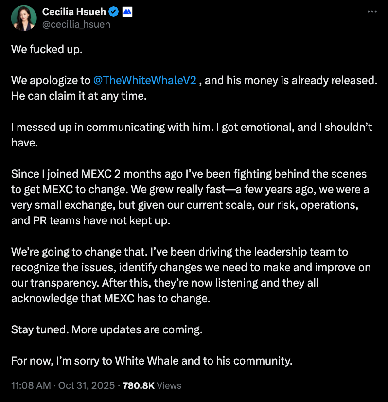 MEXC libera US$ 3 milhões após pressão pública: o que motivou o congelamento do ‘White Whale’?