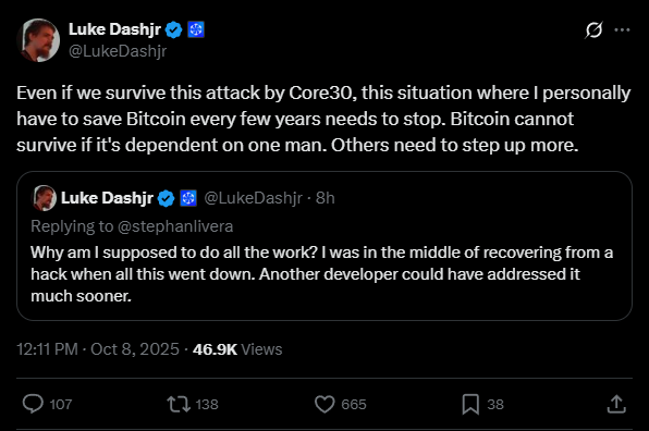 Luke Dashjr desafia Bitcoin Core e dispara: “Cansado de salvar o Bitcoin sozinho”