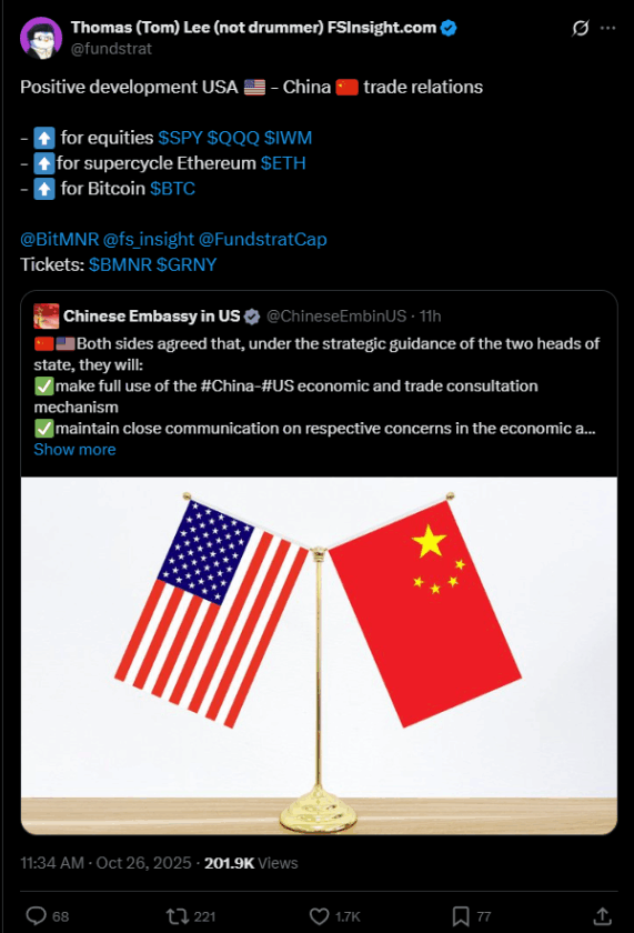  Tom Lee crava: BTC e ETH podem surpreender investidores nos próximos dias