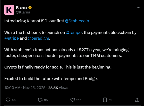 KlarnaUSD estreia na blockchain Tempo: fintech aposta em pagamentos digitais inovadores