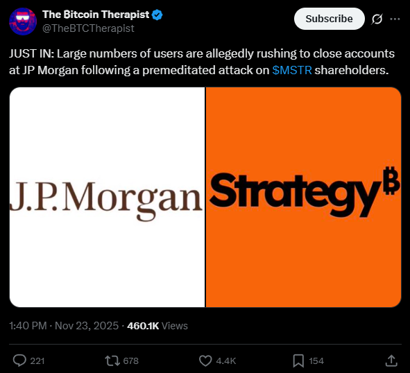 Boicote ao JP Morgan explode: Bitcoiners se revoltam após ameaça da MSCI