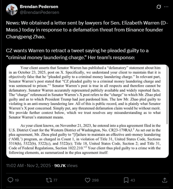 Binance sob pressão: Warren rebate CZ e cita provas oficiais de lavagem de dinheiro