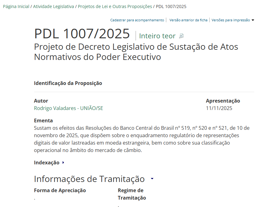 Congresso questiona regras do Banco Central e alerta para risco de R$ 2 bilhões em impostos sobre stablecoins