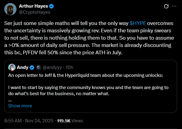 Desbloqueio de US$ 314 milhões na Hyperliquid acende alerta máximo: holders temem “tsunami de vendas”