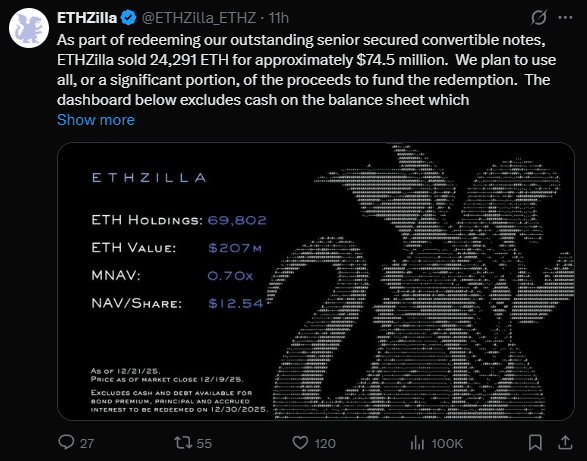 Tesouraria sob estresse: ETHZilla liquida 24 mil ETH para reduzir dívida em meio à queda do mercado