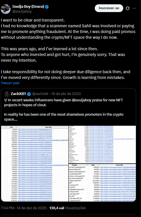Depois de promover mais de 80 golpes com criptomoedas, rapper Soulja Boy pede desculpas