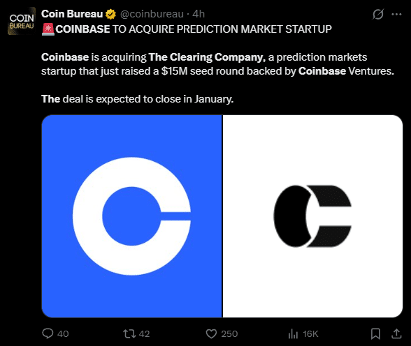 Mercados de previsão entram no radar da Coinbase após aquisição silenciosa de startup regulada