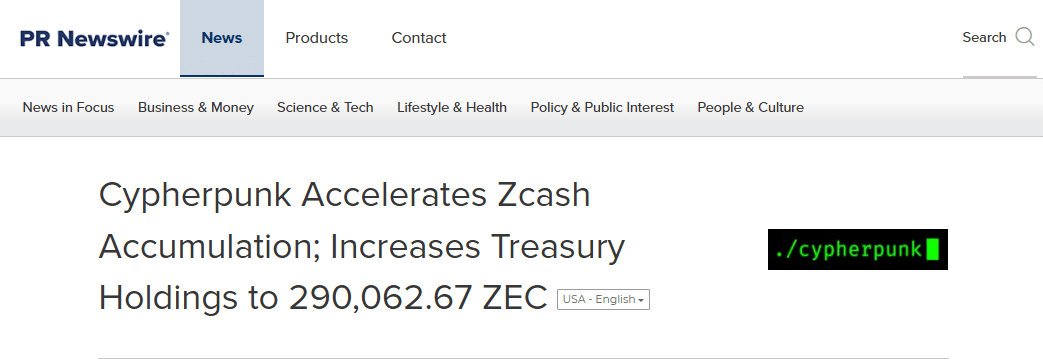 Zcash dispara e atrai aposta agressiva: Cypherpunk compra US$ 29 milhões em ZEC