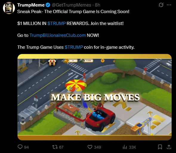 Trump lança jogo oficial com US$ 1 milhão em recompensas em meme coin na rede Solana