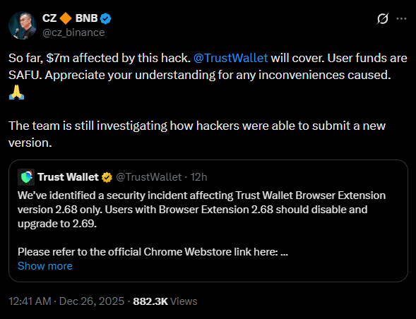 Trust Wallet cobre prejuízo de US$ 7 milhões após ataque no Natal e levanta suspeitas internas