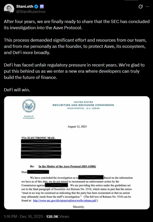 Vitória histórica do DeFi: SEC arquiva caso contra a Aave e sinaliza nova era regulatória