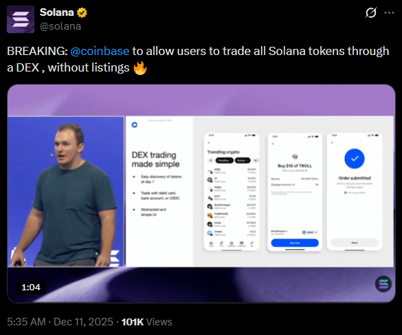 Coinbase revoluciona acesso à Solana: negocie qualquer token sem listagem oficial