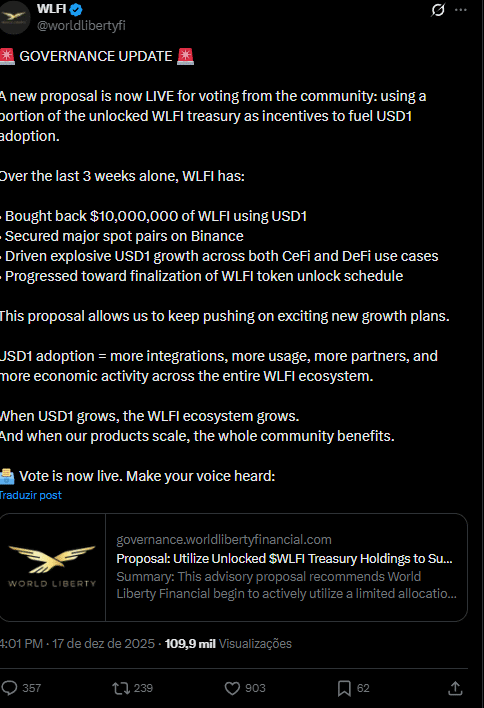 WLFI acorda: votação do tesouro pode mudar o destino do token