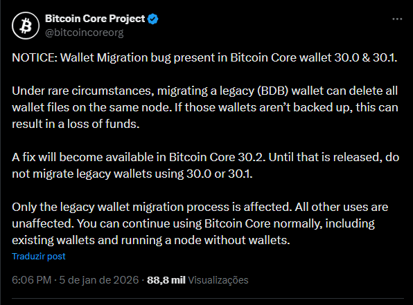 Falha no Bitcoin Core v30 pode causar perda de fundos durante migração de carteiras antigas