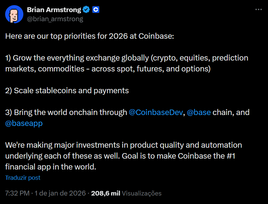 Super app cripto à vista: Coinbase planeja integrar finanças, social e mercados em 2026