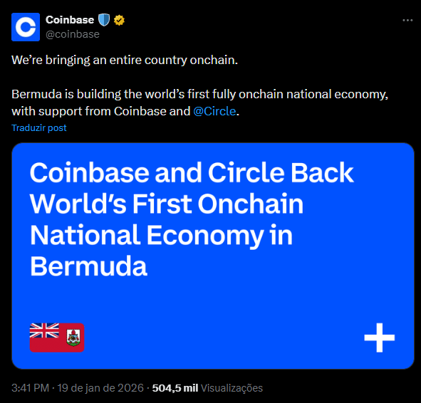 Bermuda dá passo histórico e aposta em economia 100% onchain com Coinbase e USDC