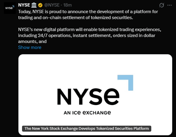 NYSE quer virar “onchain”: bolsa prepara mercado 24/7 com ações e ETFs tokenizados