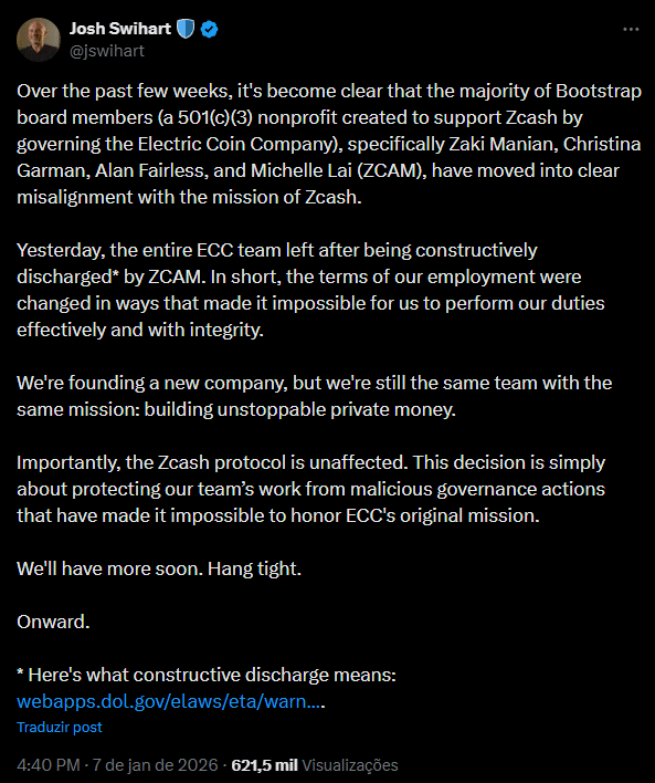 Crise explode no Zcash: desenvolvedores abandonam o projeto após choque com o conselho