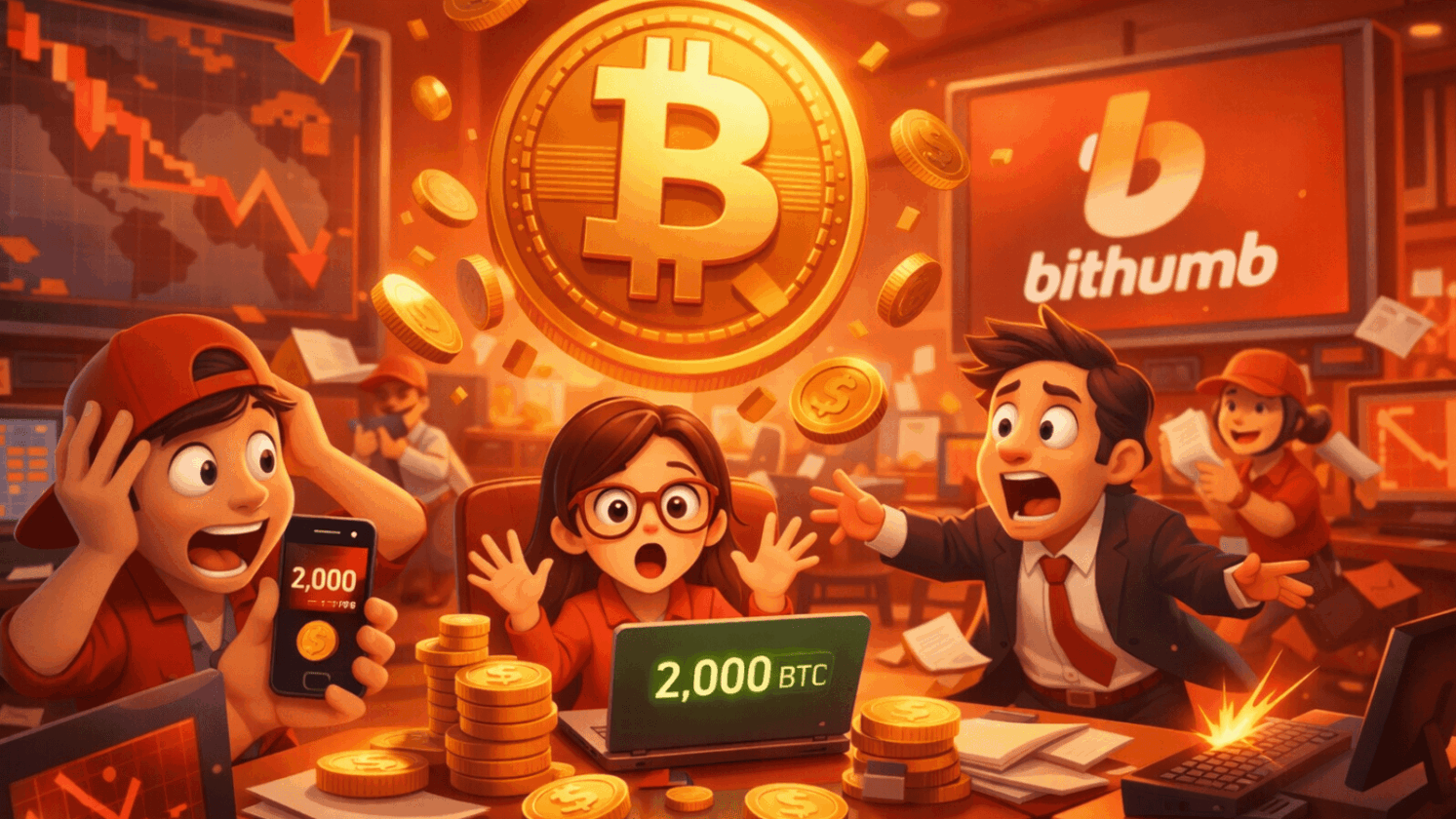 Falha interna na Bithumb distribui 2.000 BTC a usuários e provoca caos momentâneo no mercado