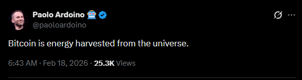 CEO da Tether diz que Bitcoin é “energia colhida do universo” — e instituições estão acumulando no medo extremo
