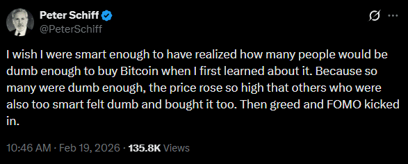 Após perder a maior alta da década, crítico do Bitcoin dobra aposta e faz previsão sombria
