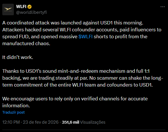 Stablecoin USD1 quebra o peg e expõe fragilidade em projeto ligado à política