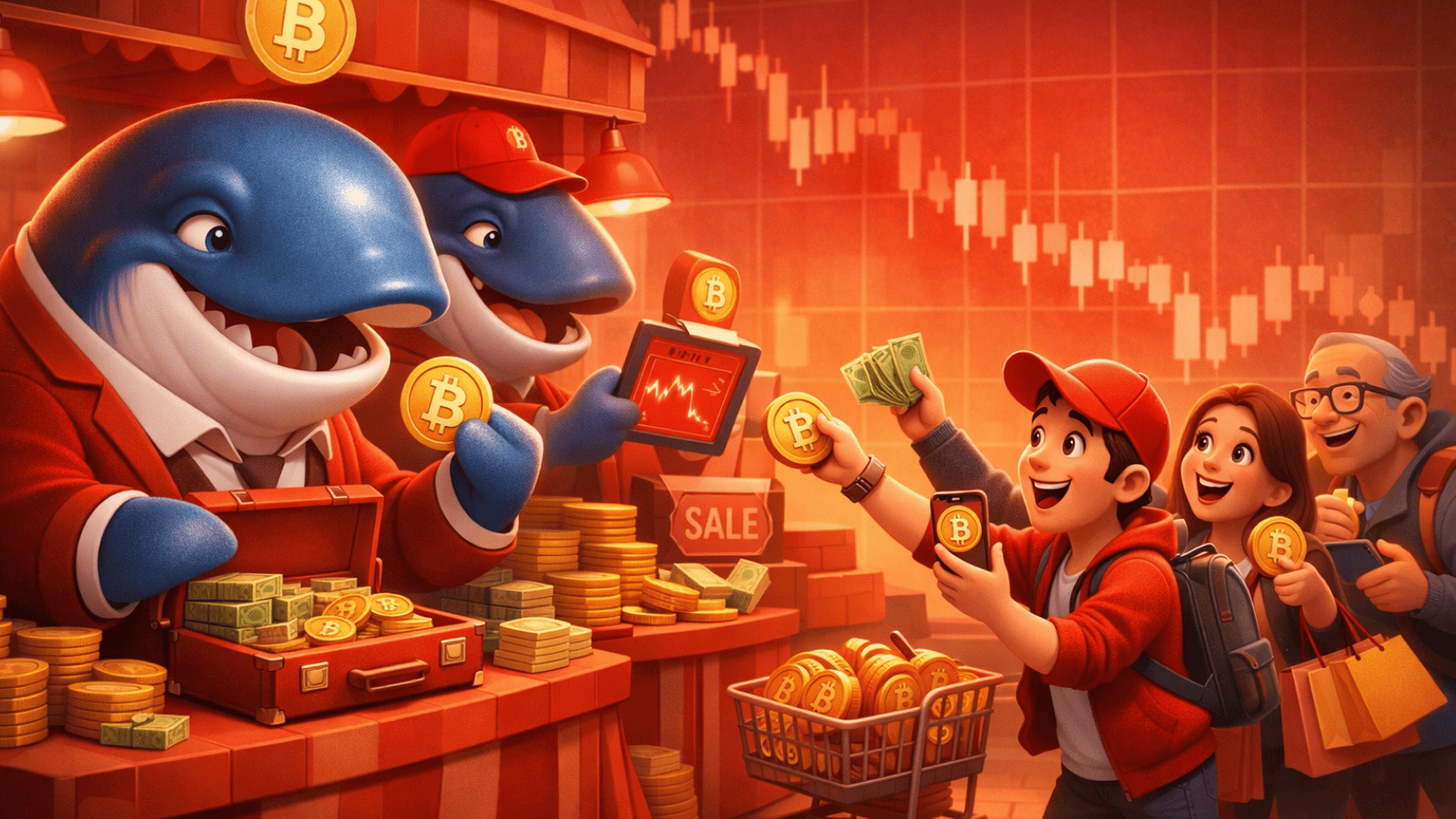 Baleias vendem enquanto varejo compra: correção do Bitcoin pode não ter acabado, aponta Santiment