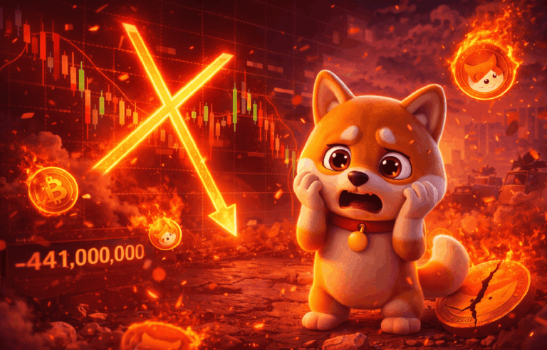 Shiba Inu em alerta: “cruz da morte” surge enquanto US$ 441 milhões são liquidados no mercado cripto