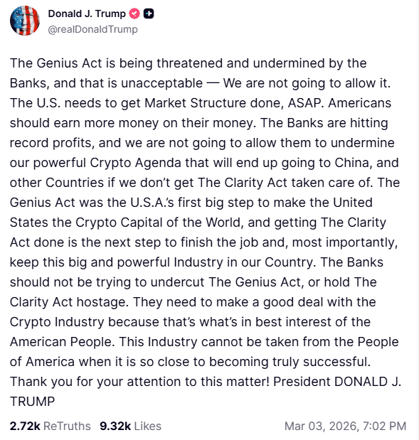 Trump acusa bancos de travar Clarity Act em disputa sobre rendimento de stablecoins