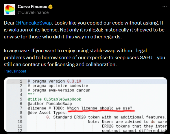 Curve acusa PancakeSwap de copiar código do StableSwap sem licença