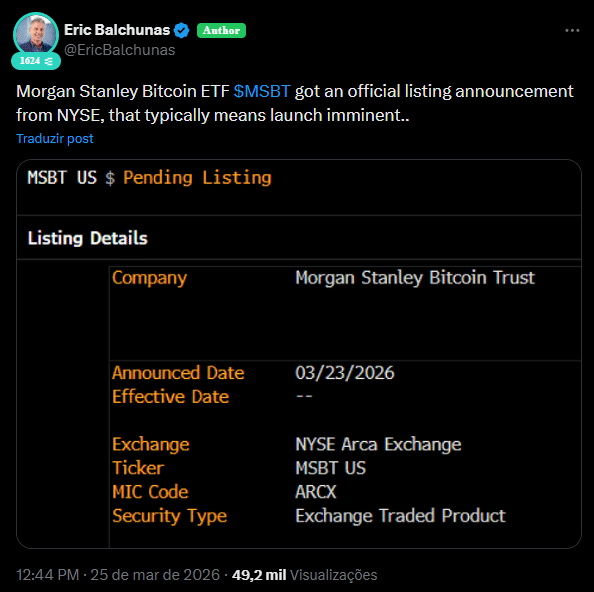 ETF de Bitcoin do Morgan Stanley entra na reta final e pode destravar nova onda institucional