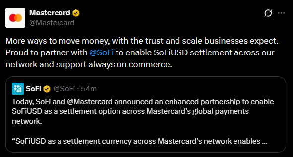 SoFi e Mastercard ativam liquidação instantânea, bancos entram de vez na era das stablecoins